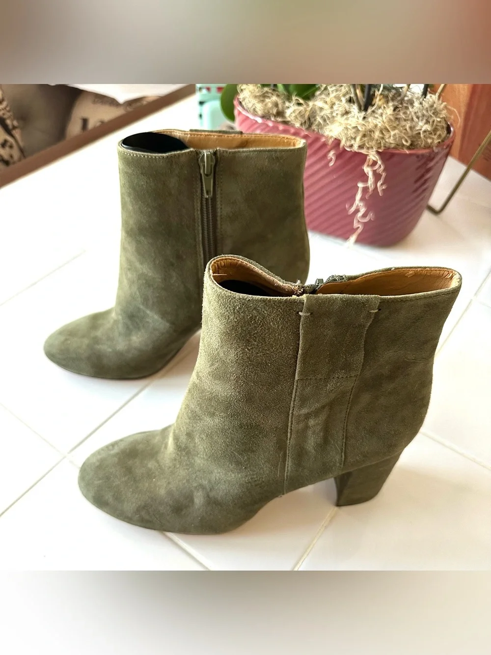 Nine West Olive Green Suede Leather Ankle Boots 9M Block Heel